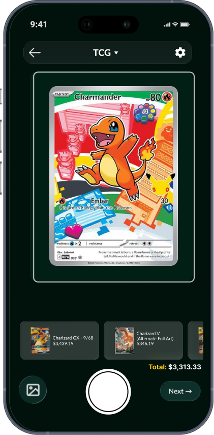 Collectr website illustration showing its camera scanner framing a Pokémon card
