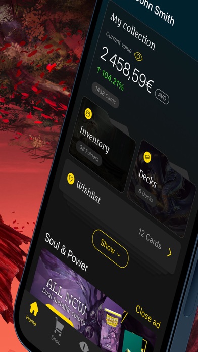 Dragon Shield home screen with collection value, inventory, decks and wishlist