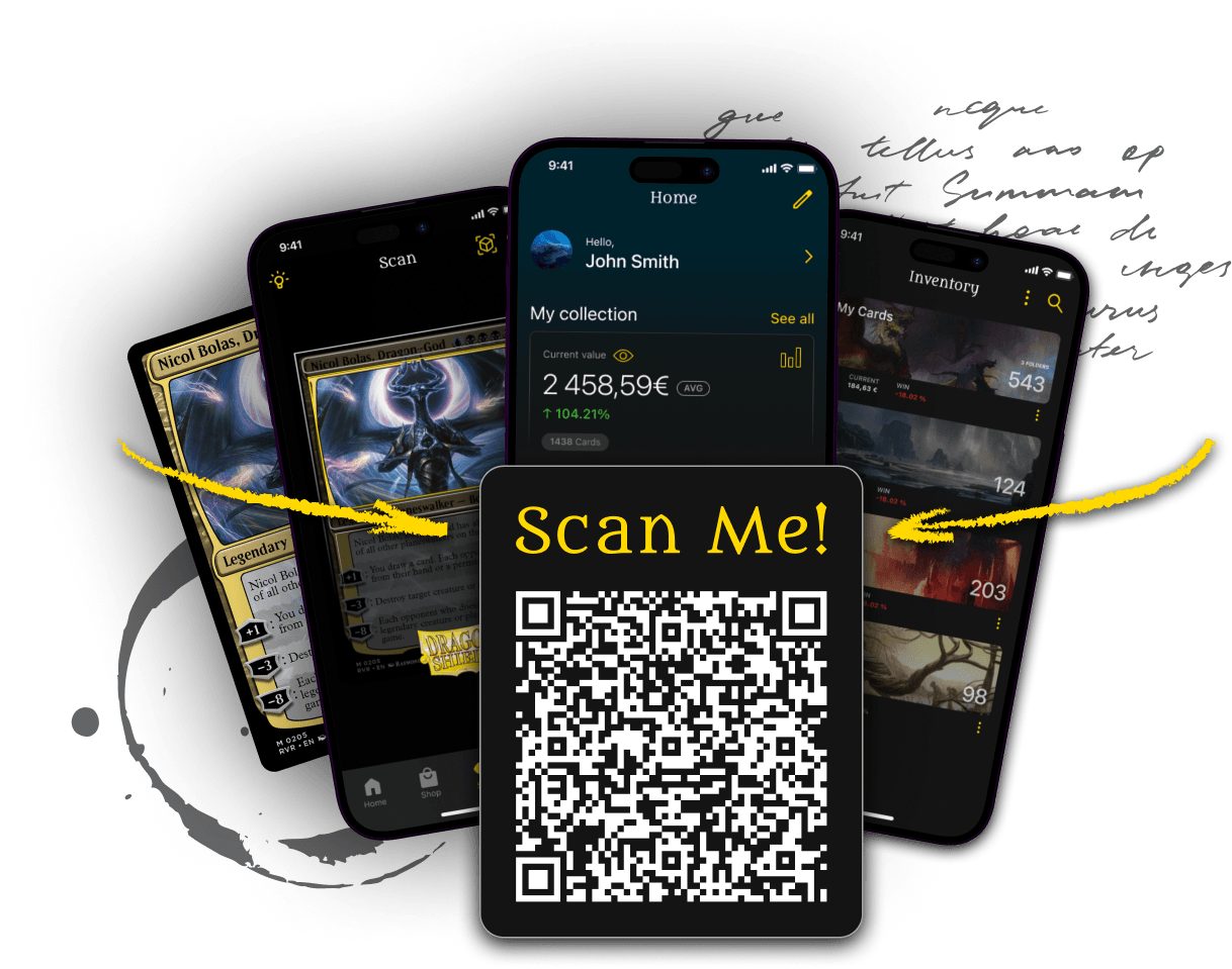 Dragon Shield MTG website graphic showing scanning, collection value and inventory screens alongside a download QR code