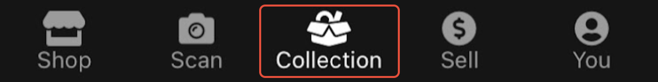 TCGplayer app navigation with the Collection tab highlighted