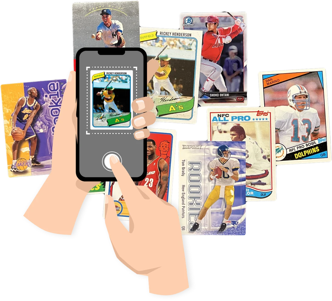 CollX illustration of a hand holding a phone to scan trading cards