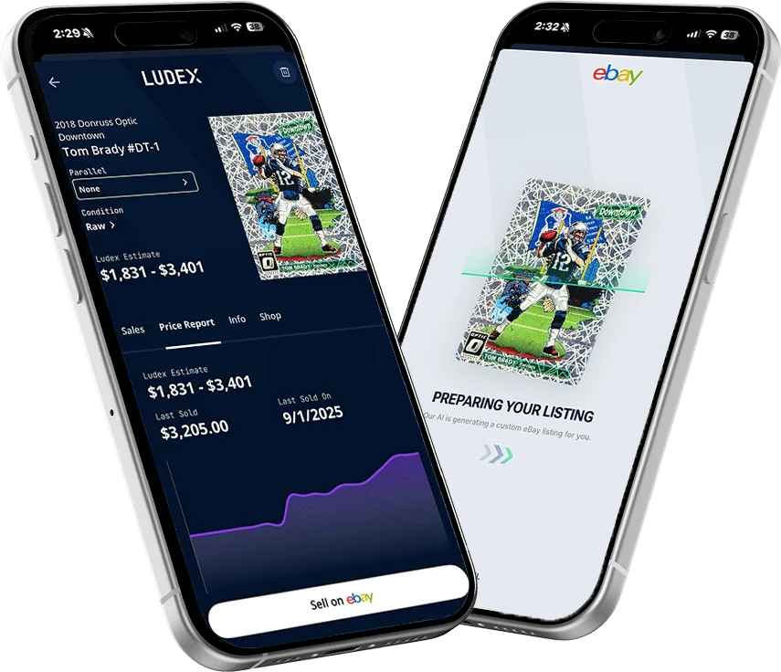 LUDEX phone mockups showing a Tom Brady card price report and preparation of an eBay listing