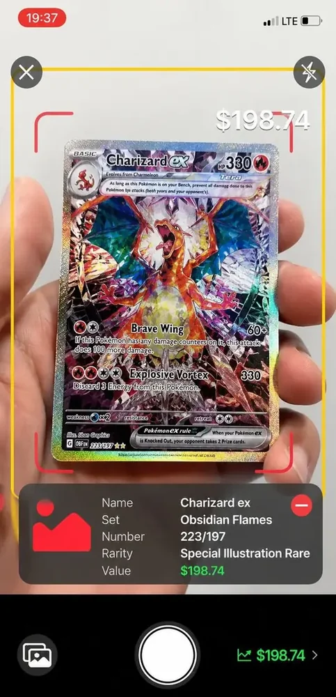 CardlyMon website image showing a Charizard ex scan and its displayed market value