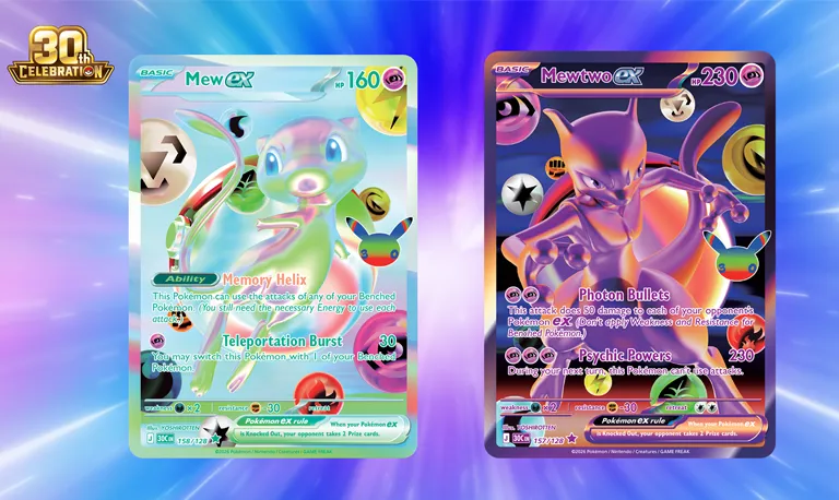 Official Pokémon 30th Celebration artwork featuring Mew ex and Mewtwo ex cards